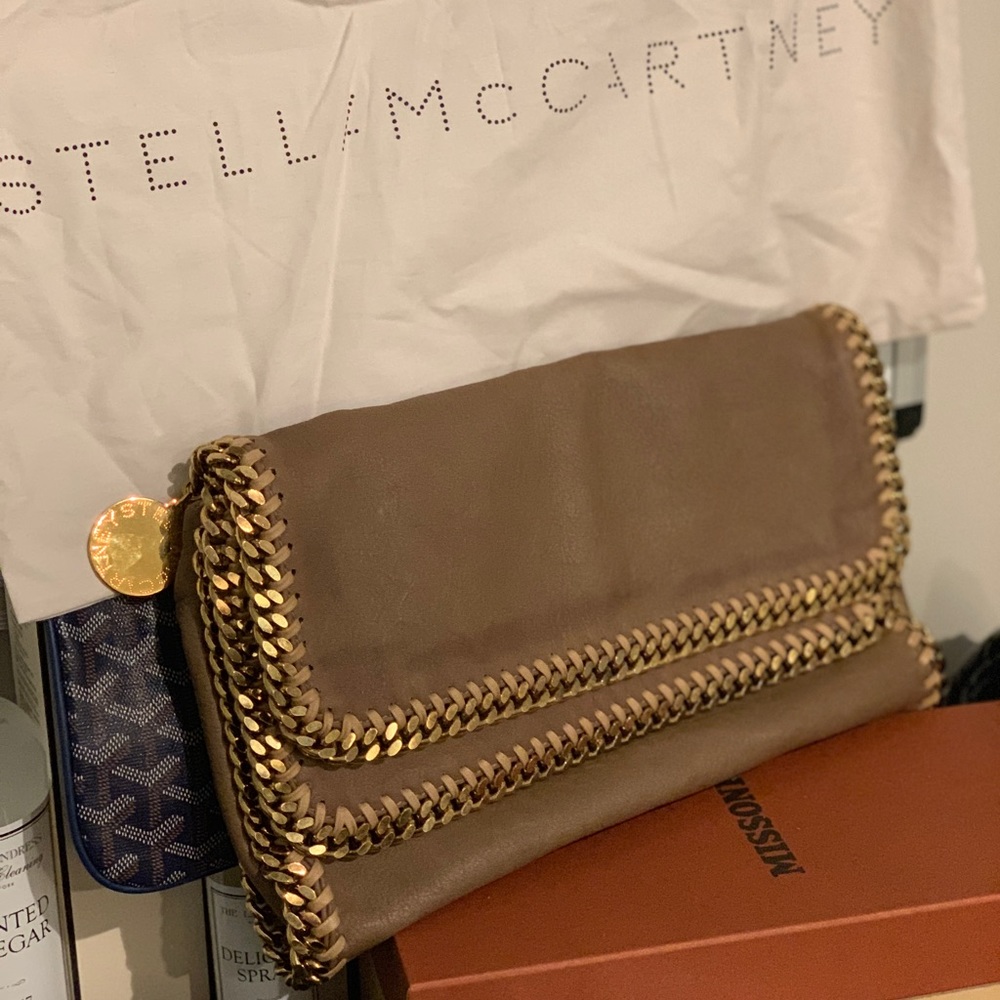 Stella McCartney Falabella Double Flap Clutch Bag Purse Tan Beige AUTHENTIC